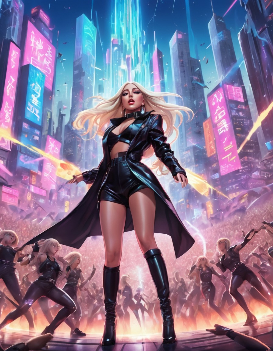 lady gaga, concert, performance, futuristic cityscapes, anime