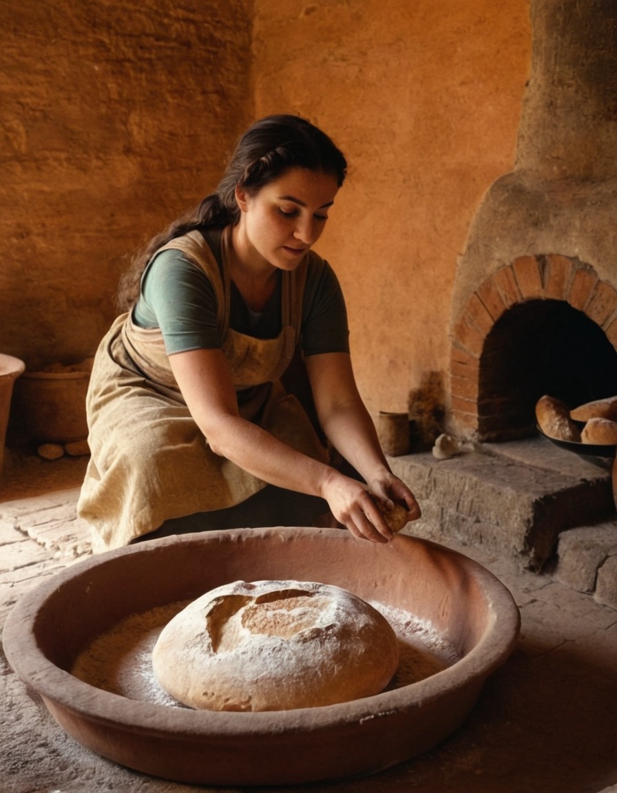 ancient rome, woman, baking, bread, clay oven, culinary history, 150 ad