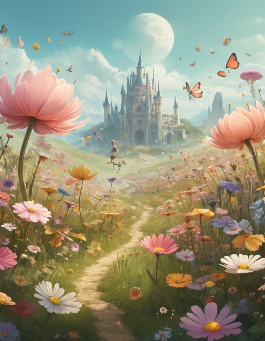 fairies, meadow, oversized flowers, fantasy, enchanting, fantastic