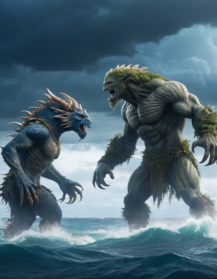 monsters, godzilla, king kong, kaiju, stormy sea, deserted island, battle, kong