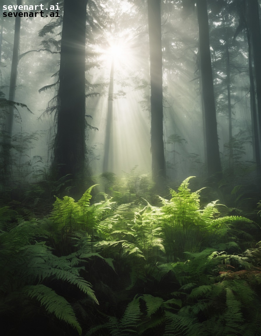 nature, forest, misty, sunlight, ferns