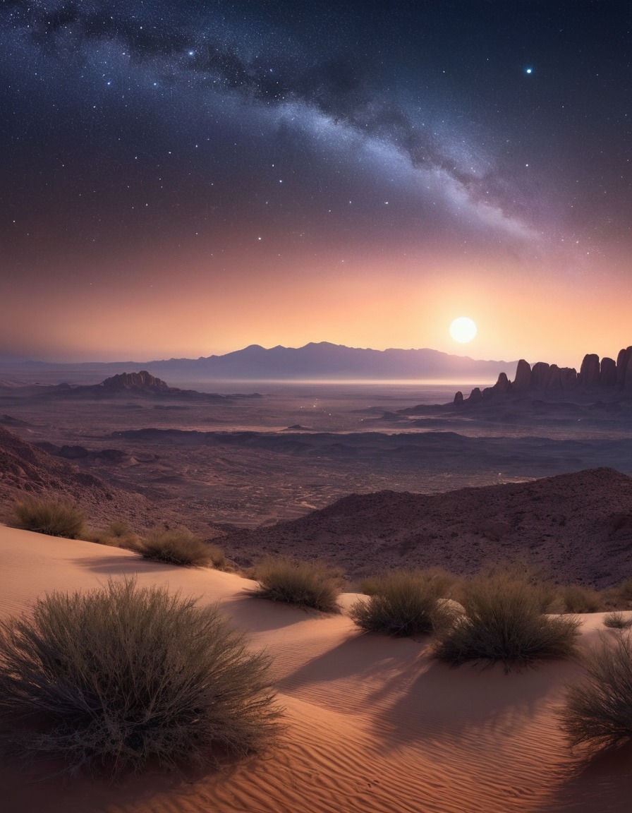 night sky, stars, desert landscape, tranquility, nature