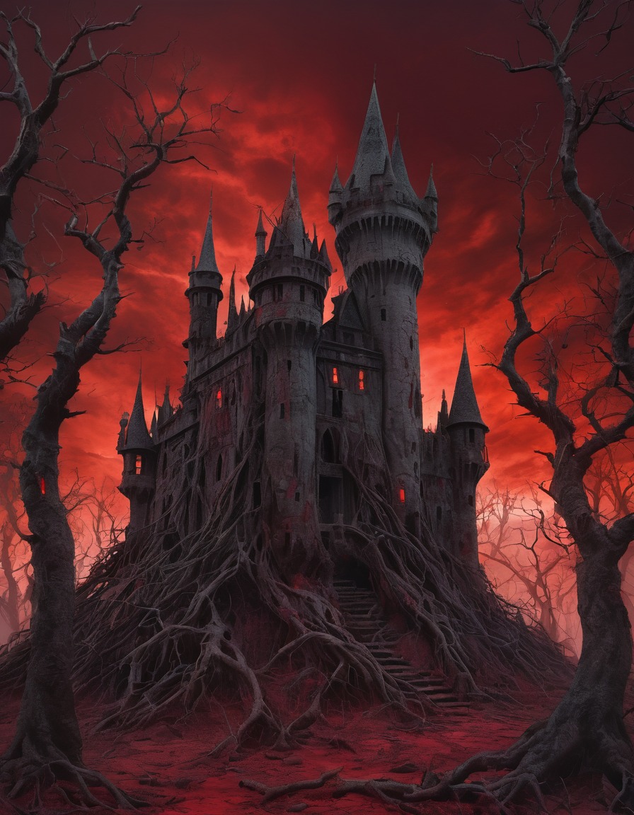 castle, decrepit, blood-red sky, dead trees, gothic, underground, dark