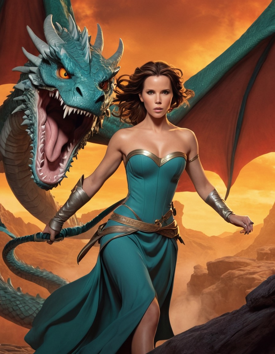 kate beckinsale, mythical, warrior princess, dragon, fantasy, battle, painting.