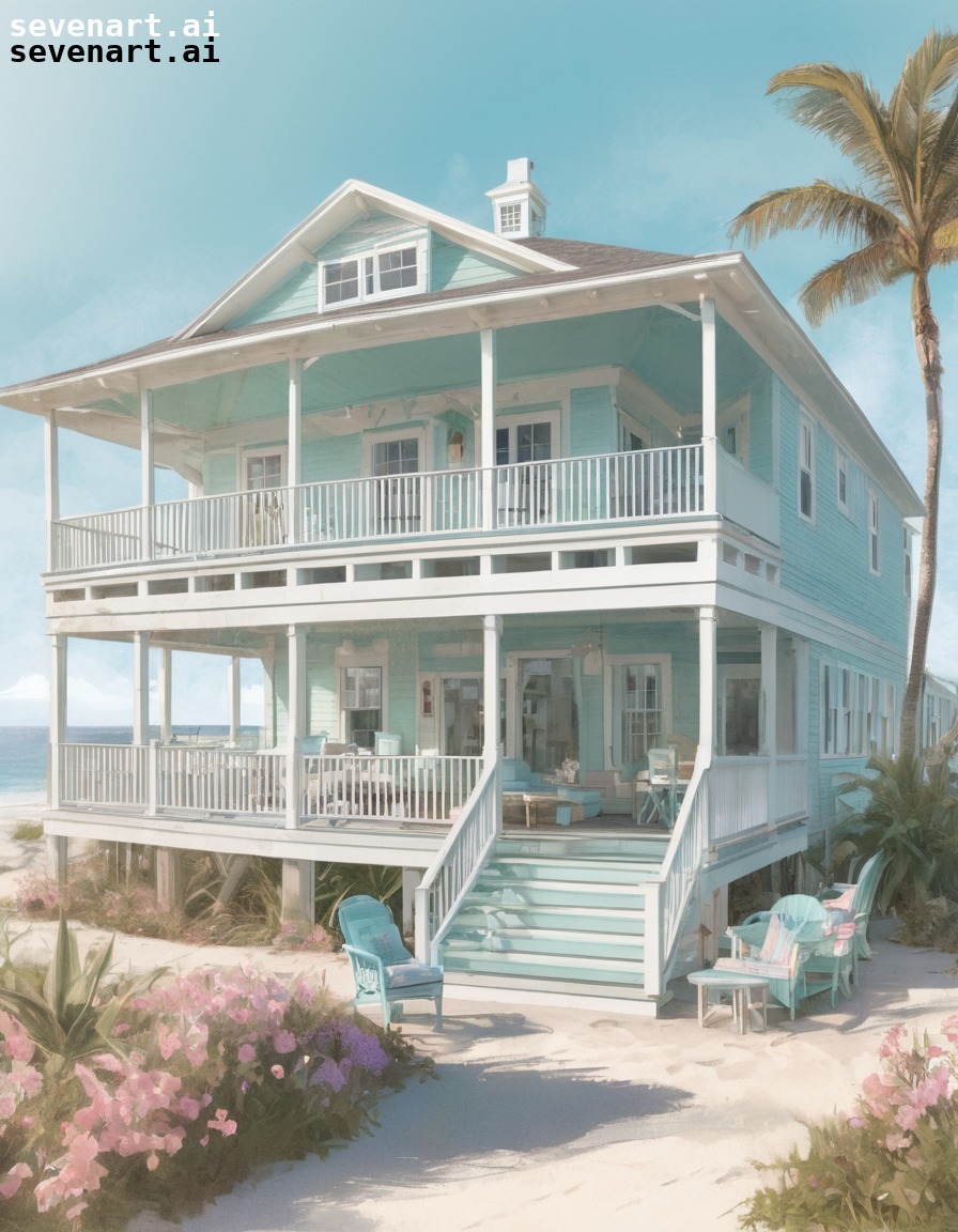 beach house, wrap-around porch, ocean view, pastel-colored furniture, seaside decorations, house, home