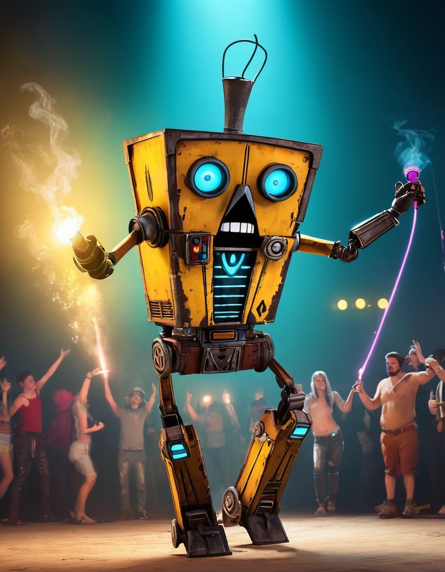 dance, claptrap, rave party, video game character, robots, games, movies