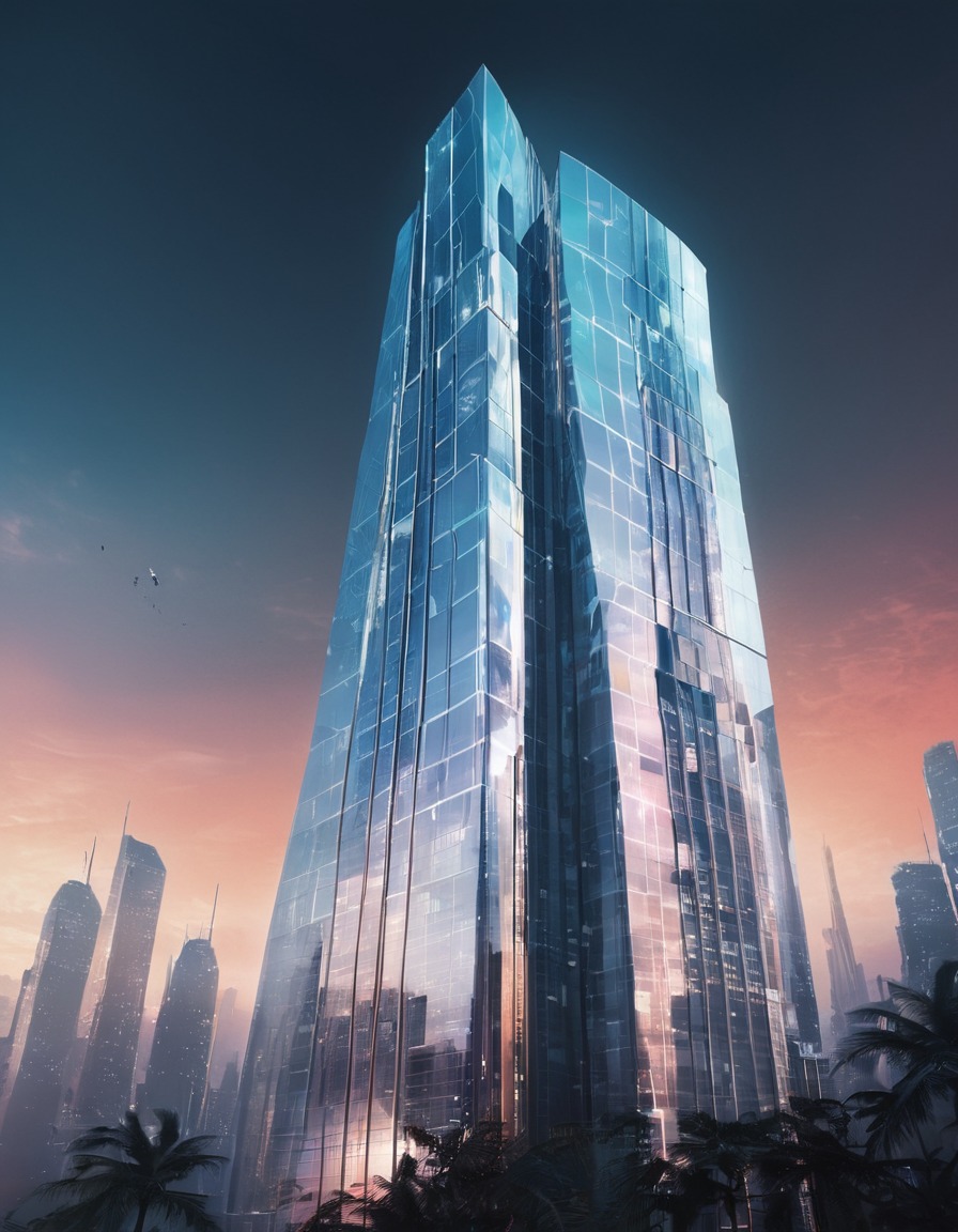 futuristic, skyscraper, unique design, glass façade, modern