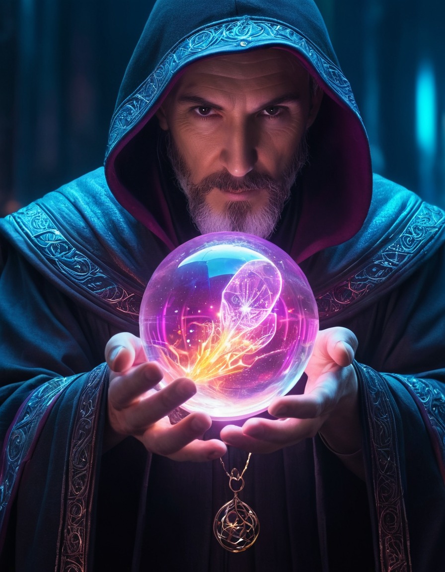 cyberpunk, wizard, holographic, crystal ball, magic, medieval, art