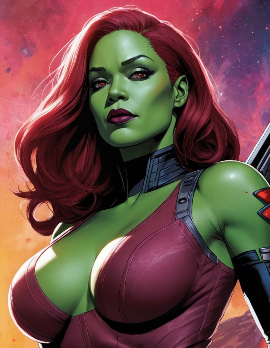 gamora, guardians of the galaxy, superhero, powerful pose, female character, sexy, painted