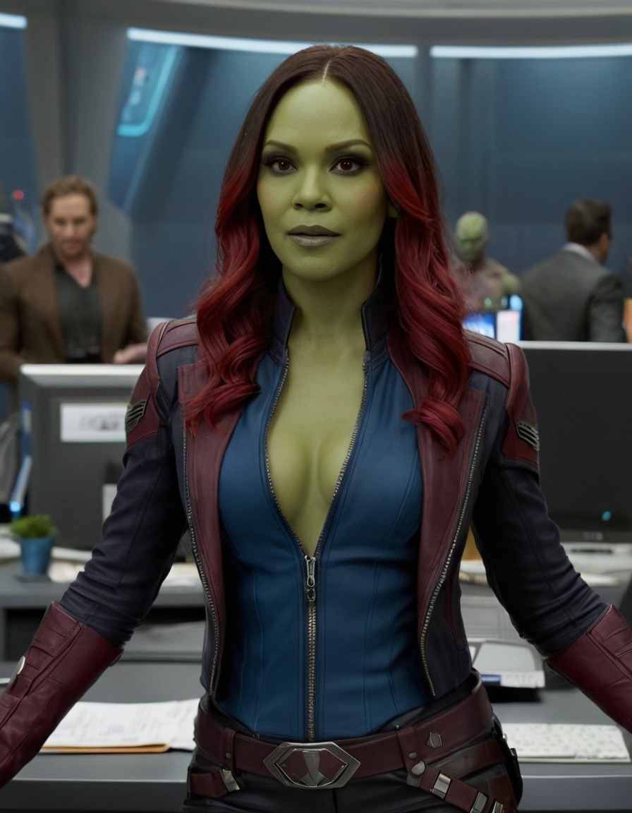 gamora, guardians of the galaxy, marvel, superhero, office worker, corporate life