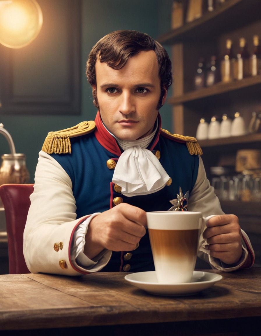 napoleon bonaparte, hipster cafe, historical figure, coffee, ordering