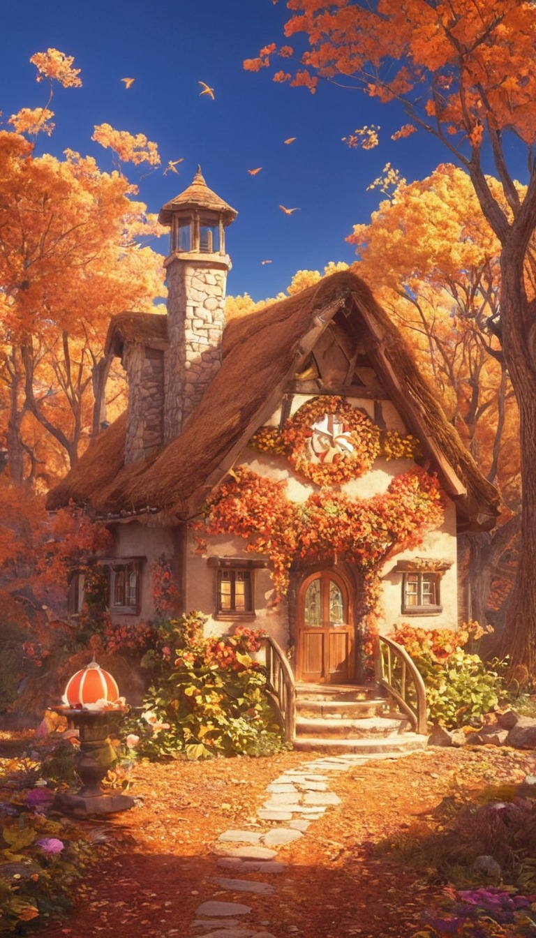 digitalart, magic, digitalpainting, forest, fairytale, anime, autumncolors, cottage, digitalartwork, download, enchanting, epicfantasy, fantasy, fantasyillustration, illustration, leaves, mushroom, orange, scenery, aiart, cottagecore