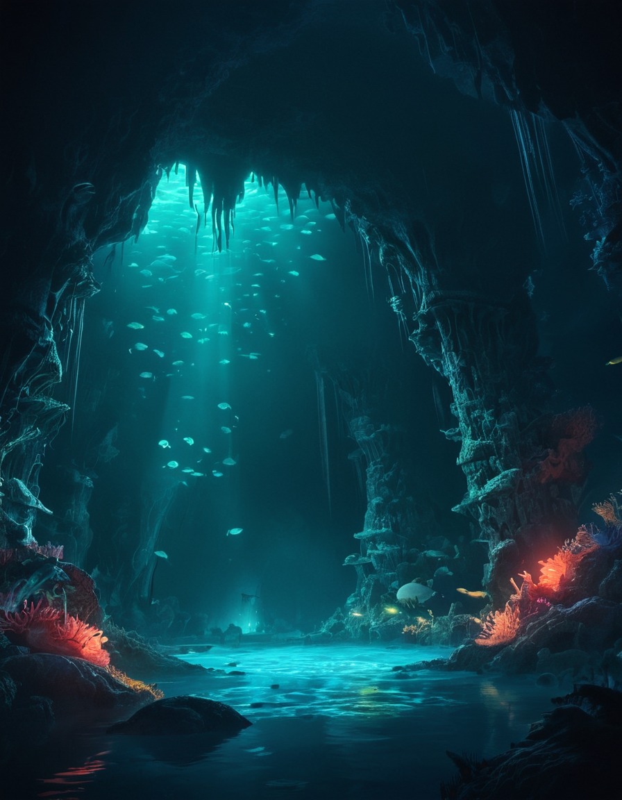 underwater, cavern, bioluminescent, nightmarish, glow, lovecraft, howard lovecraft