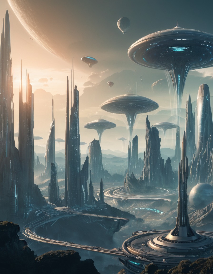 futuristic, cityscape, alien beings, advanced technology, alien landscapes, fantastic