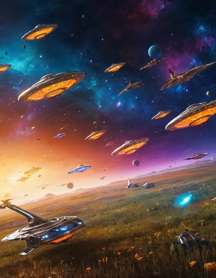 starships, space travel, colorful space debris, space scene