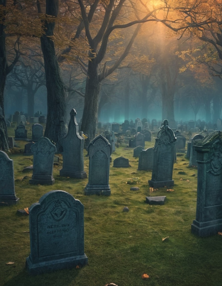 haunted graveyard, ghostly apparitions, fantasy scene, spooky atmosphere, supernatural entities, eerie setting