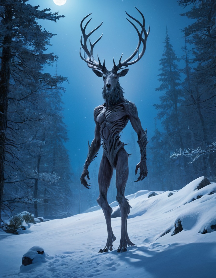 wendigo, mythical creature, forest, snow, moonlight, supernatural, horror