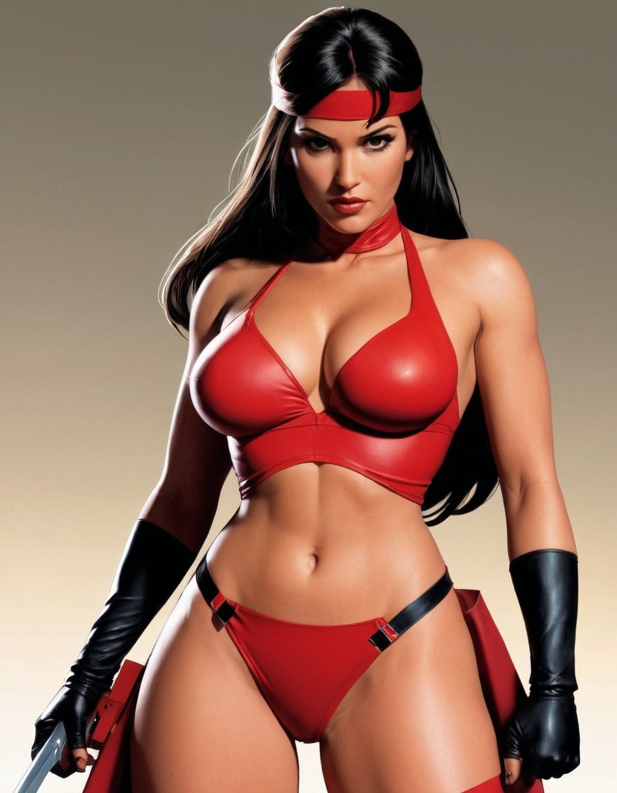 elektra, marvel comics, superhero, female character, red outfit, ninja, sexy, painted