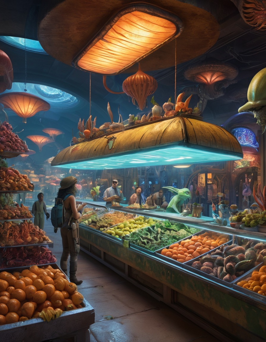 alien, marketplace, exotic goods, trade, diverse species, science fiction, extraterrestrial, aliens