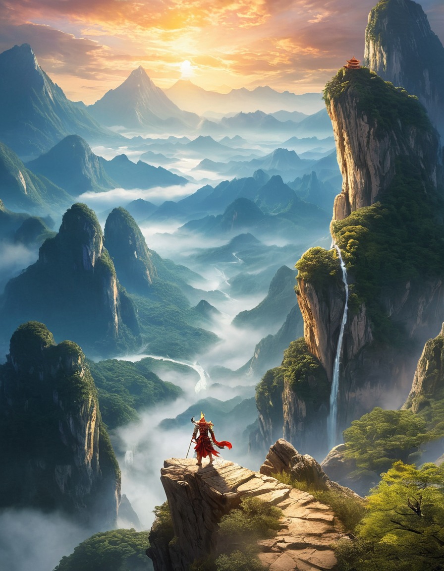 wukong, chinese mythology, mythical kingdom, majestic landscape, legendary figure, mountain peak