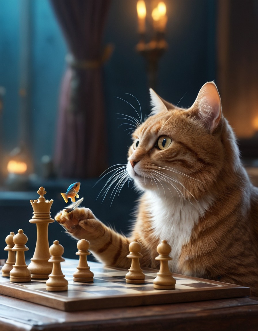 cat, fish, chess, unusual, animals, game, strategy