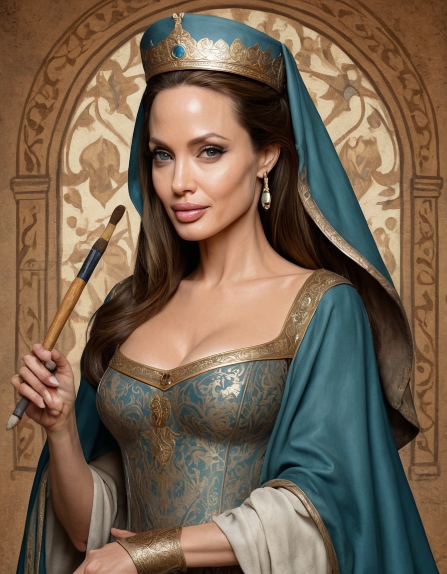 angelina jolie, medieval attire, painting, medieval art, creativity