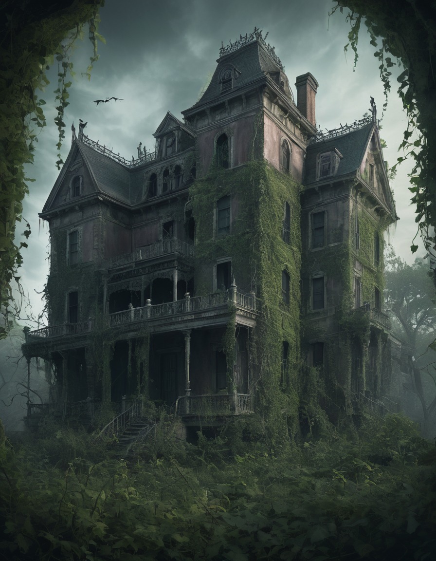 haunted mansion, dilapidated, overgrown, vines, abandoned, gothic, underground, dark