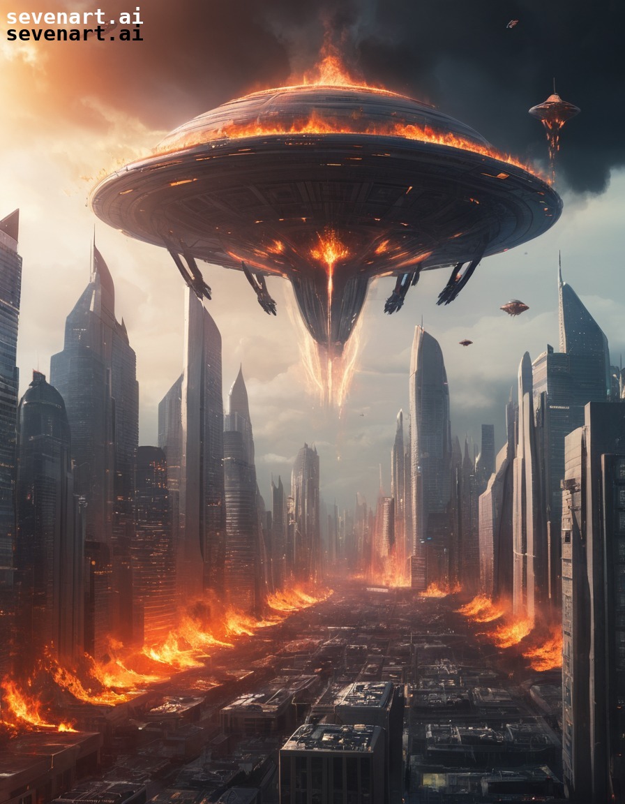 futuristic, cityscape, alien invasion, destruction, warfare, aliens, three body problem, trisolaran