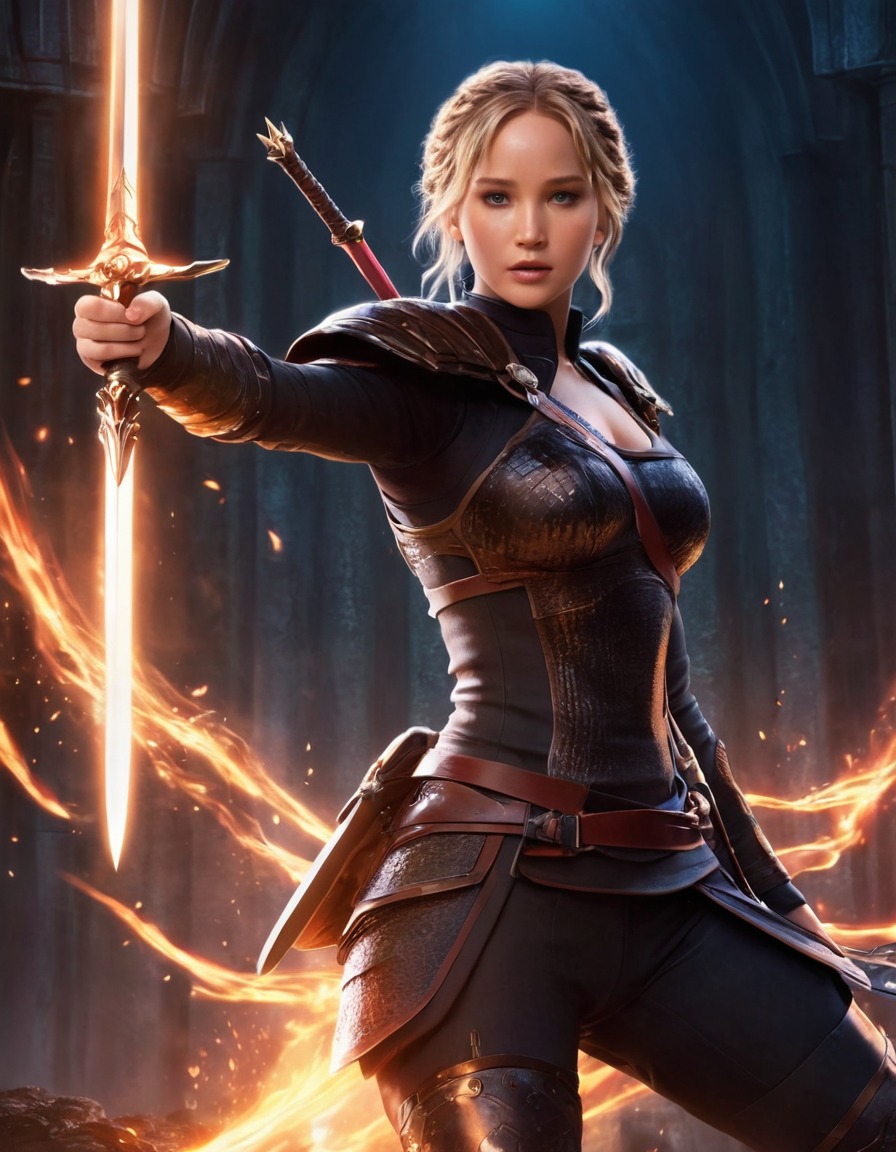 jennifer lawrence, anime, warrior, magical sword, fantasy, illustration