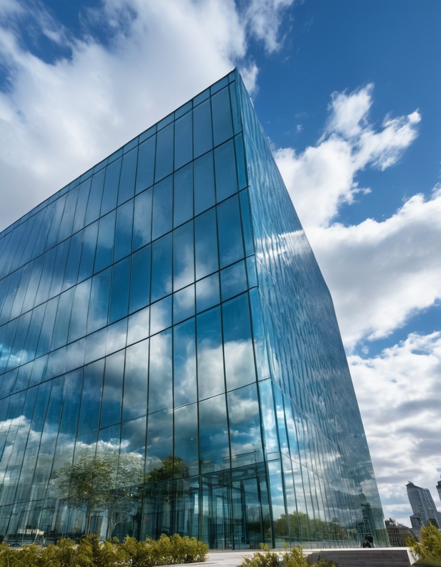 architecture, modern, glass facade, reflections, sky, clouds