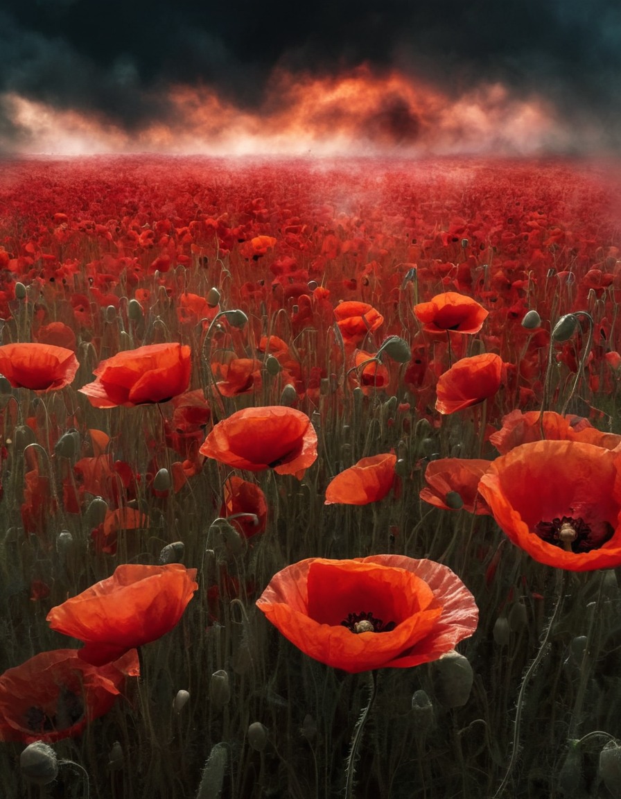 mystical, field, poppies, dreamlike vapors, nature, enchantment, illusion