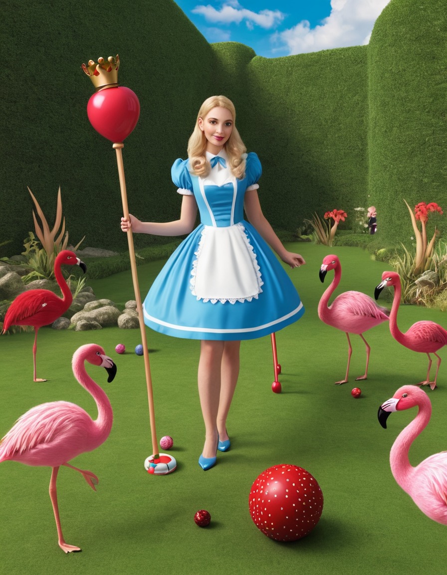 alice in wonderland, croquet, queen of hearts, flamingos, hedgehogs, adventure, books