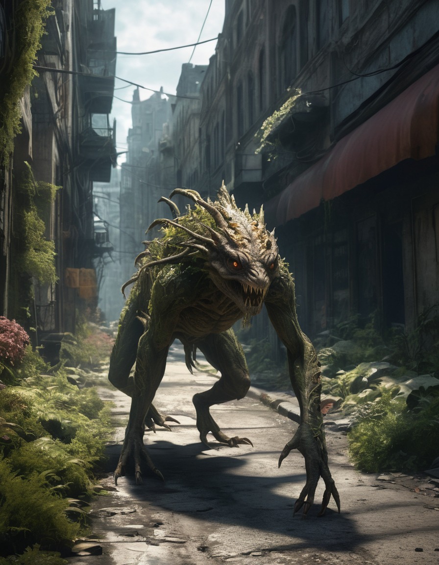 mutated creature, shadows, decaying city, overgrown, mysterious, urban fantasy, fallout, games, tv shows