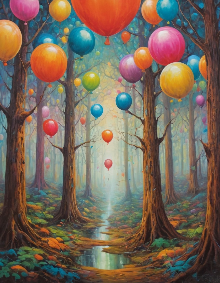 nature, whimsical, forest, balloons, colorful, art, surreal