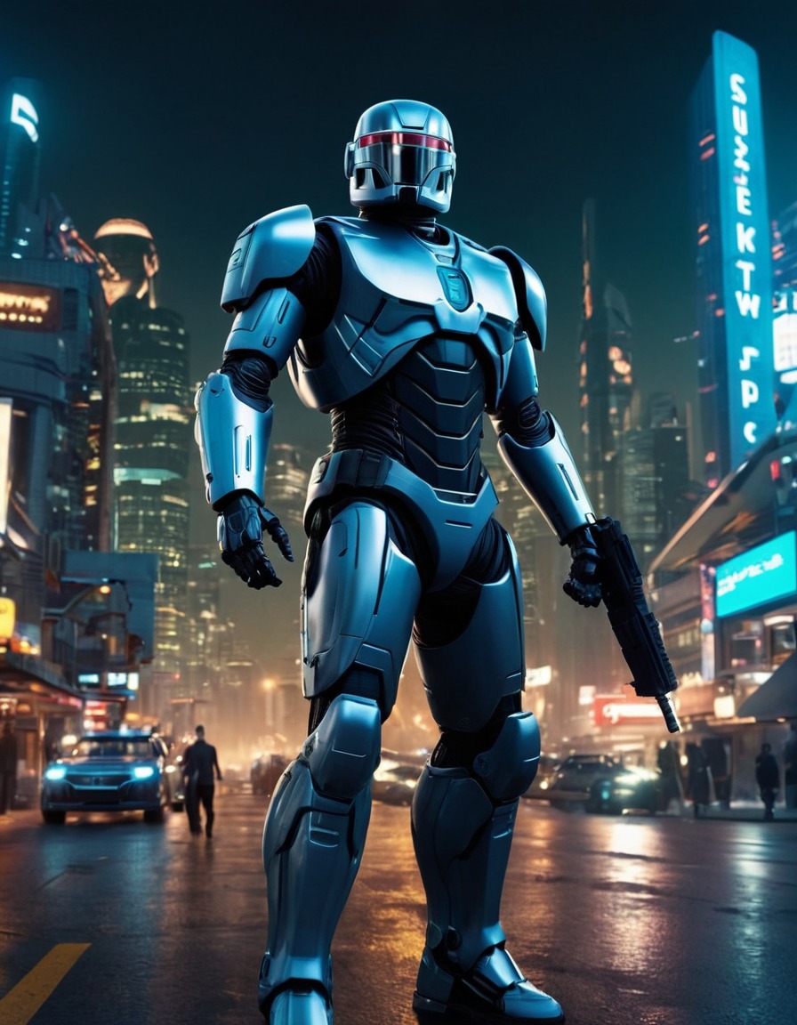 futuristic, cityscape, night scene, law enforcement, robots, games, movies