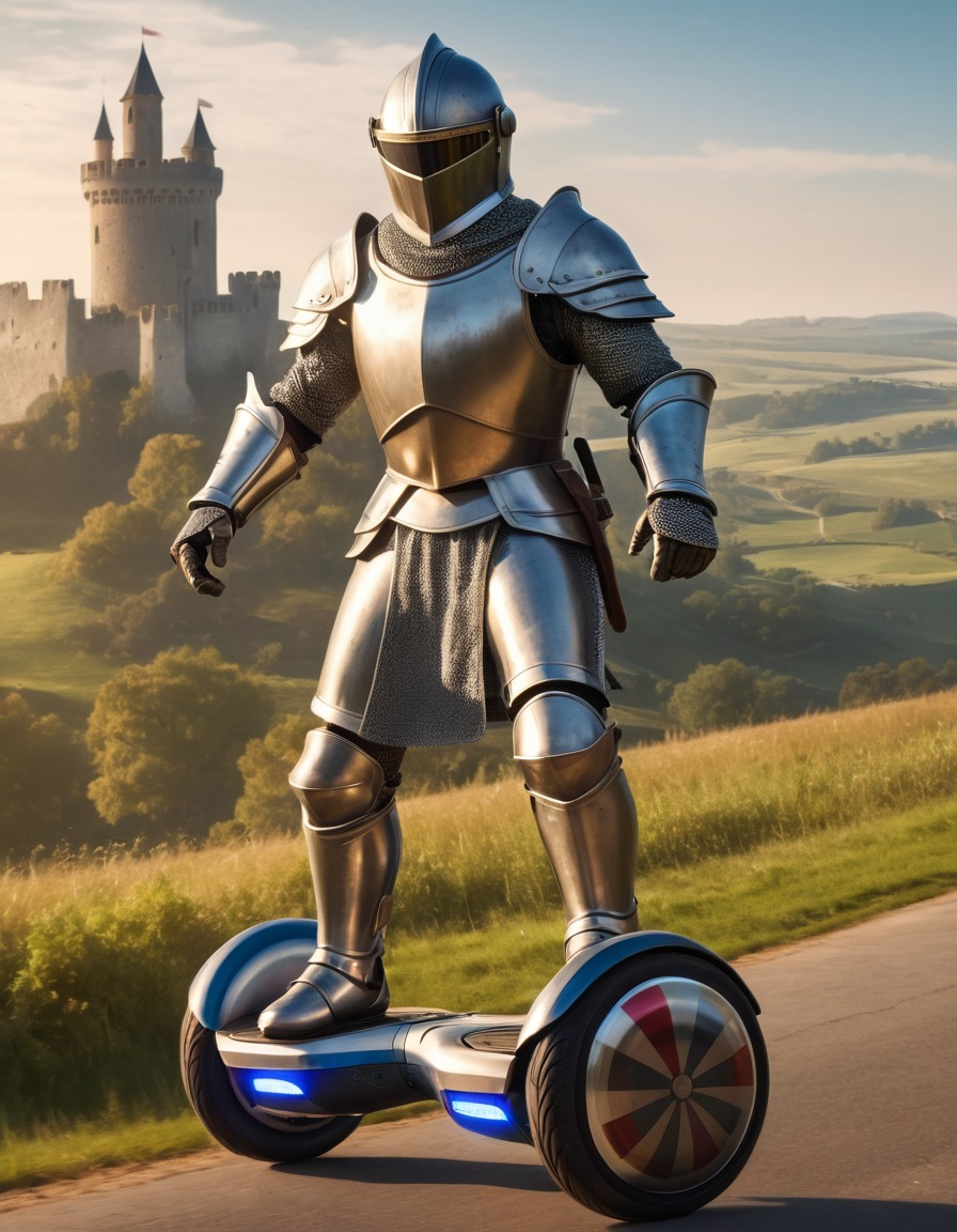 knight, shining armor, hoverboard, medieval landscape, medieval, art