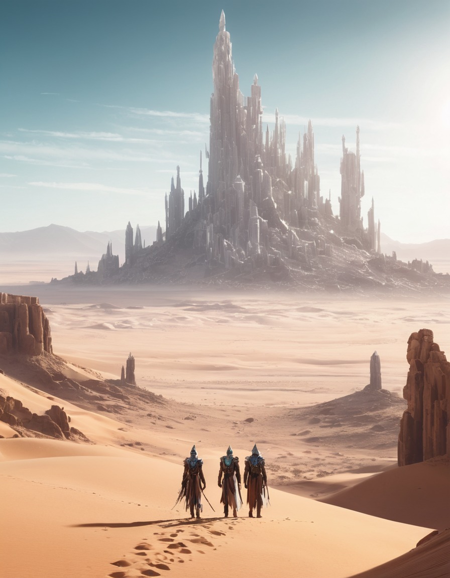 desert, crystal formations, ruins, mystical guardians, fantasy, fantastic