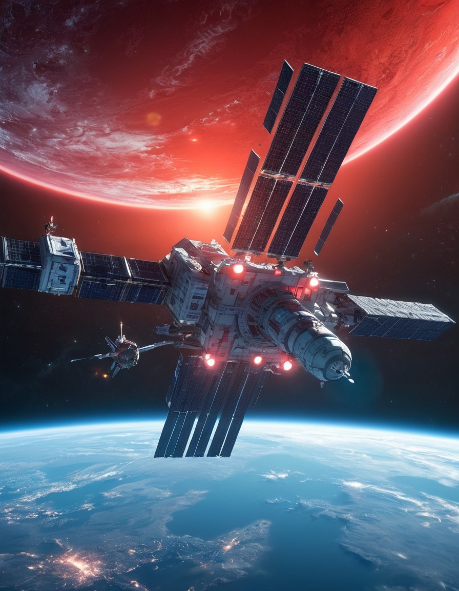 space station, orbiting, mysterious, glowing red star, space scene, astronomy, outer space