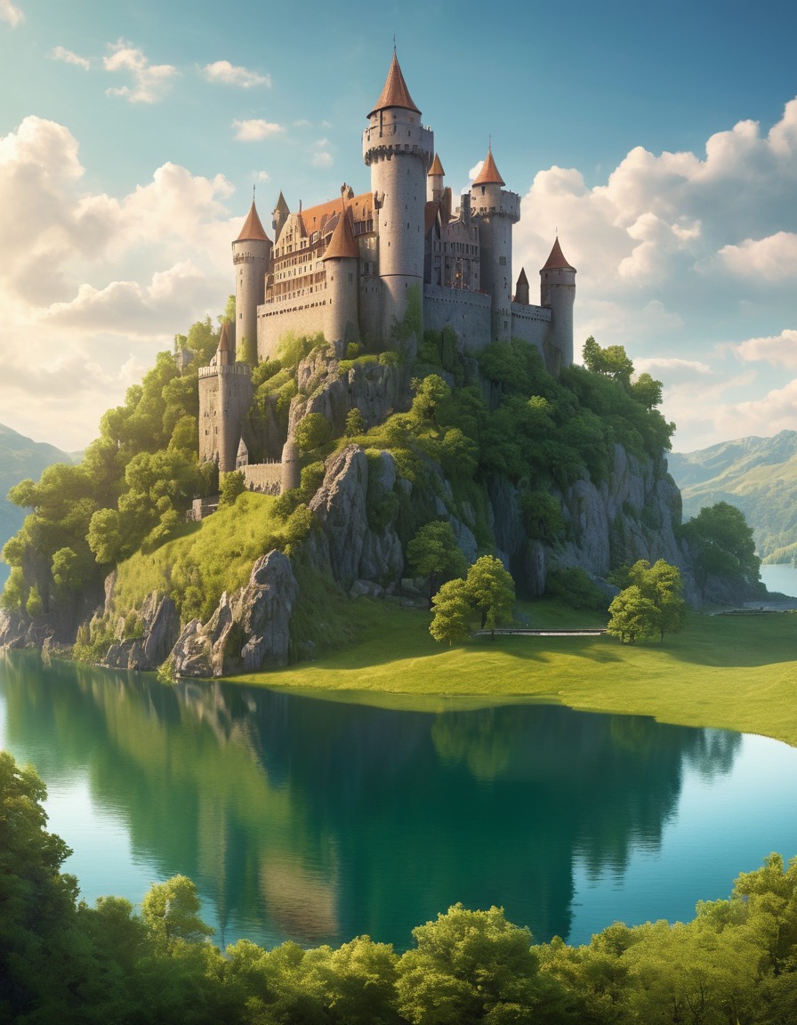 medieval, castle, hill, lake, nature, architecture