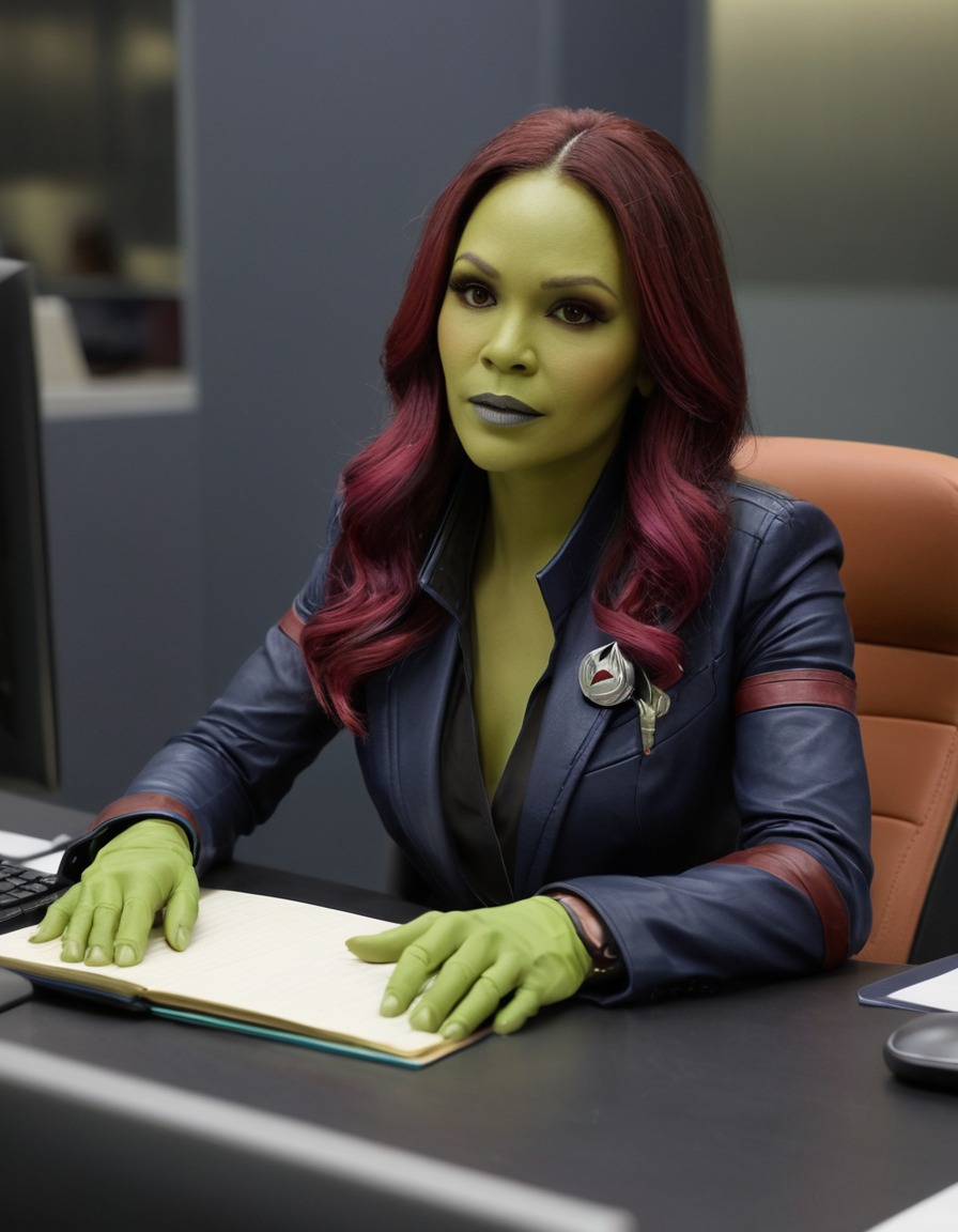 gamora, guardians of the galaxy, marvel, office worker, superhero, workplace dynamics