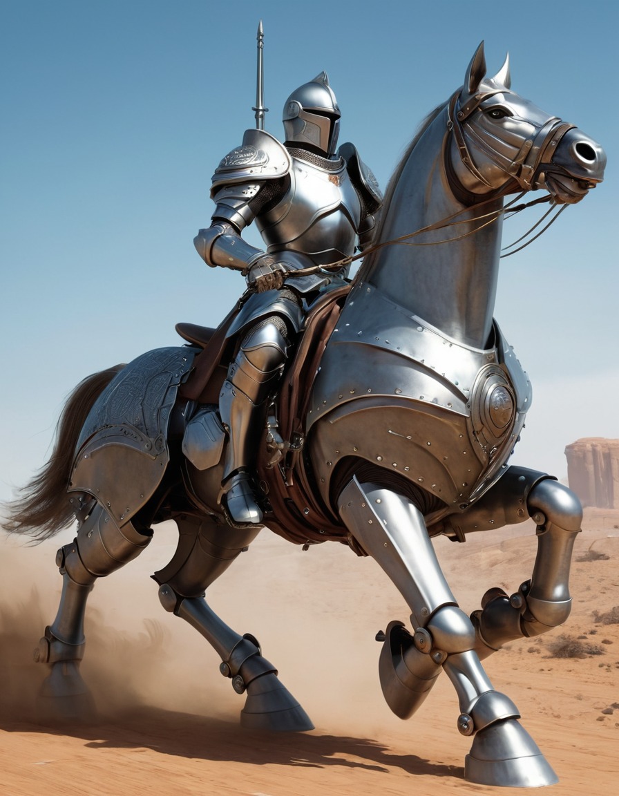 cyber-knight, armor, mechanical steed, futuristic, technology, science fiction, medieval, art