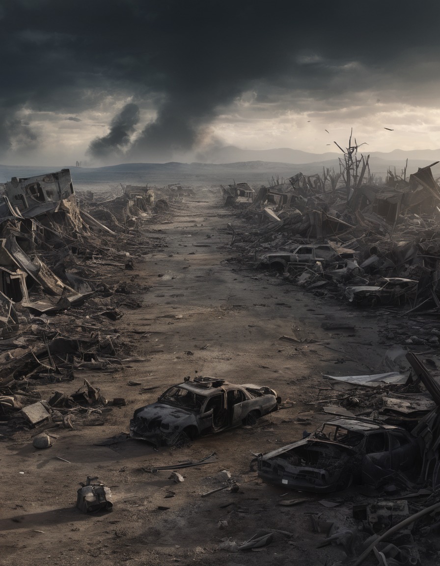 desolate landscape, wreckage, chaos, epic story, mad max