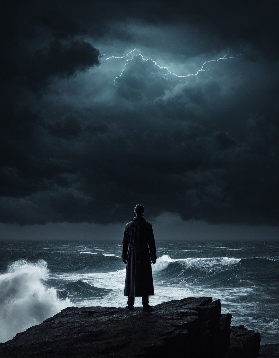 cliff, stormy sea, silhouette, nature, contemplation, gothic, underground, dark