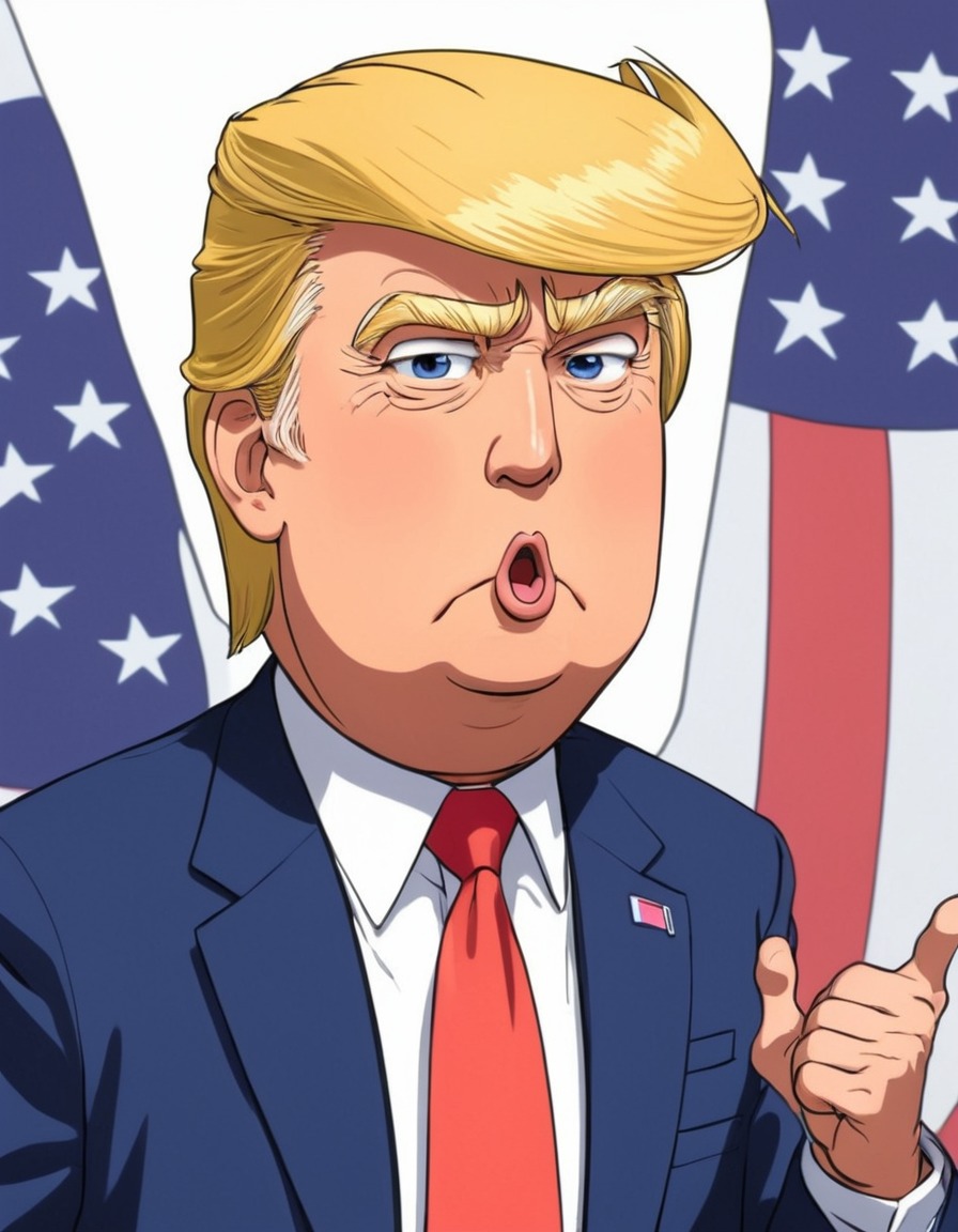 donald trump, anime character, exaggerated facial expressions, unique outfit, usa, politics, anime