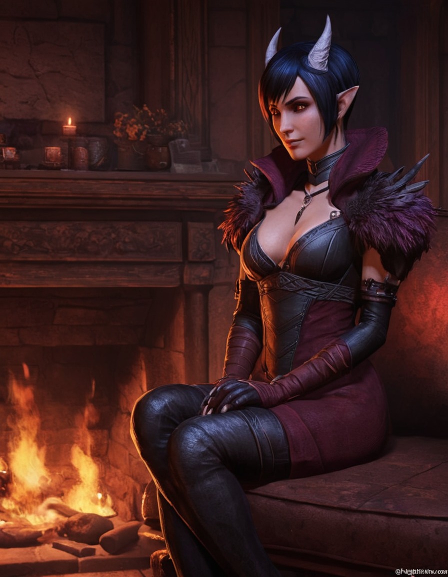 morrigan, dragon age: origins, fireplace, cozy, home, games, girls from games