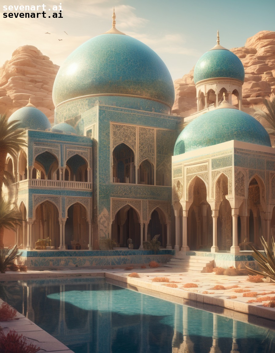 palace, shimmering domes, intricate mosaics, desert oasis, architecture