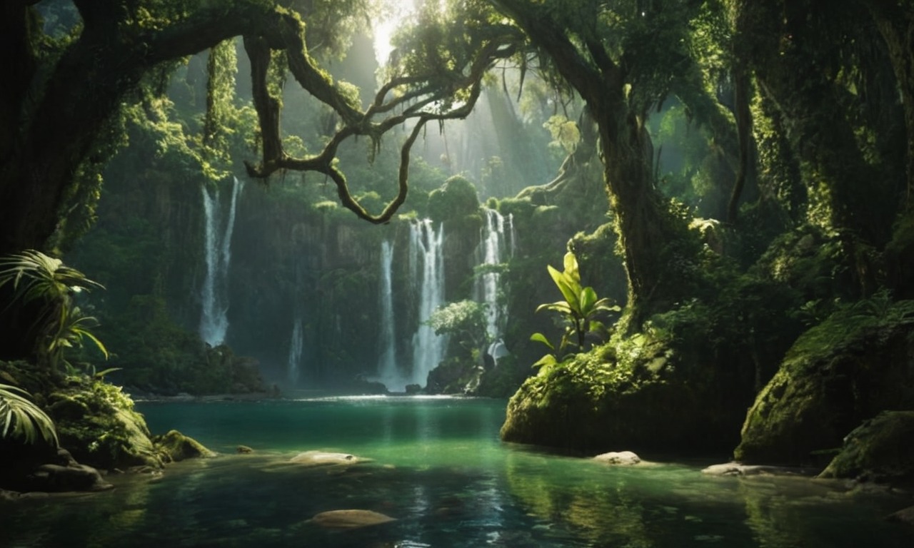 wallpaper, forest, jungle, waterfall, plants, digitalart, beautiful, forestlandscape, landscape, landscapescenery, river, trees, tropical, vines, aiart, dreamup, aiartwork