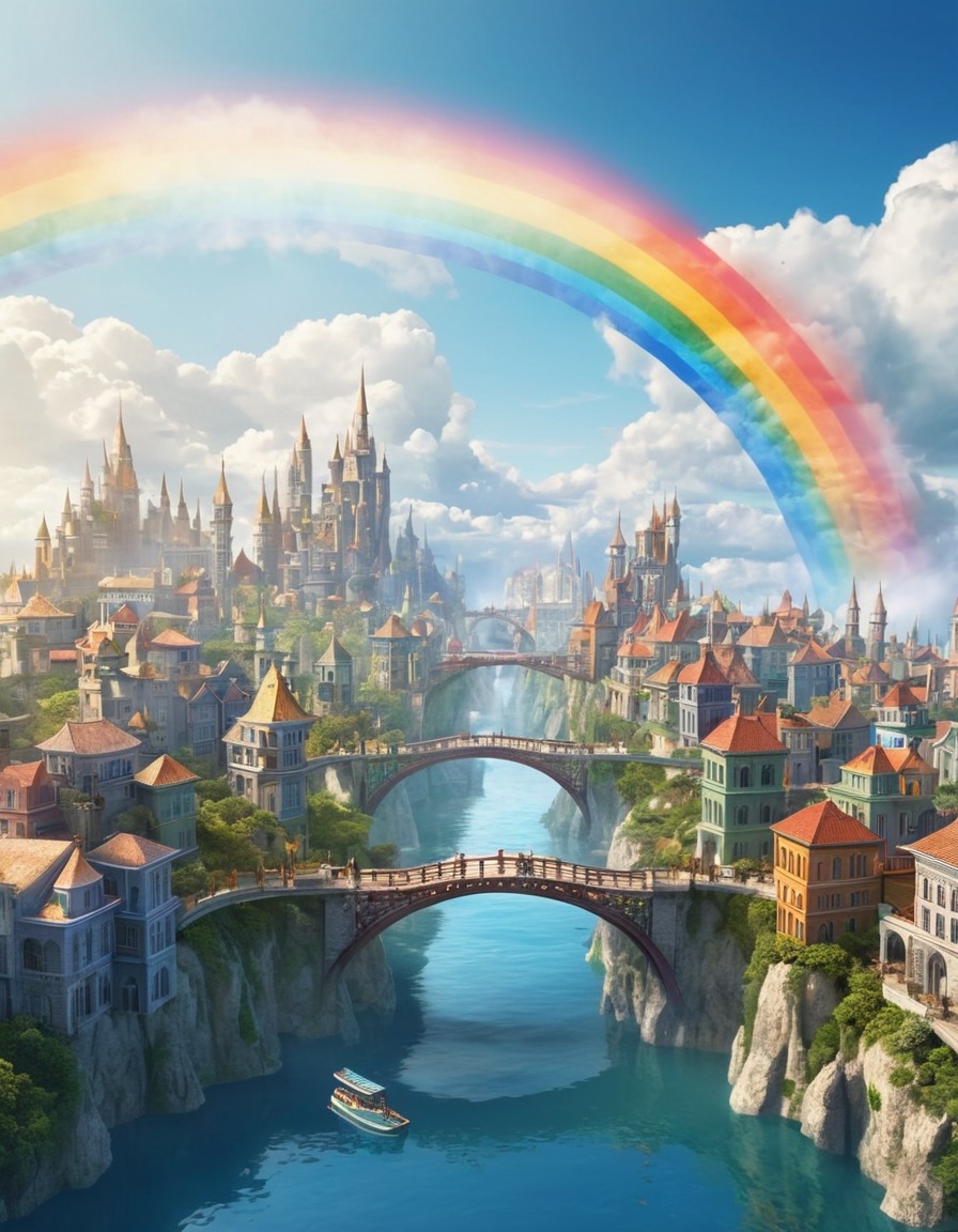 floating city, clouds, rainbow bridges, fantasy scene, skytopia