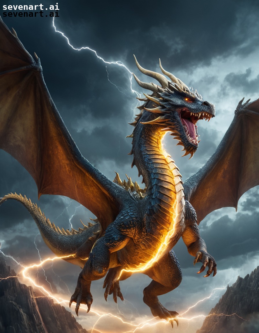 fantasy, dragon, storm, lightning, mythical