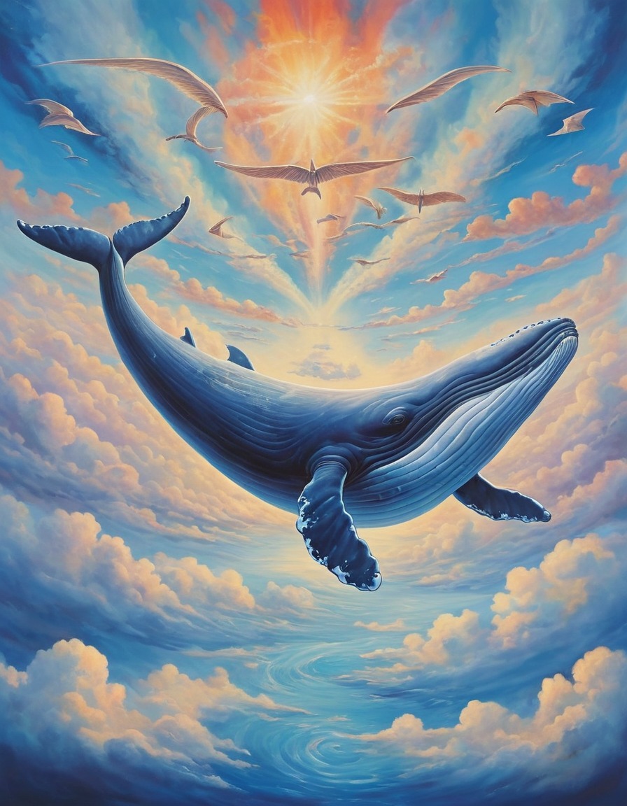 whale, sky, wings, clouds, surreal